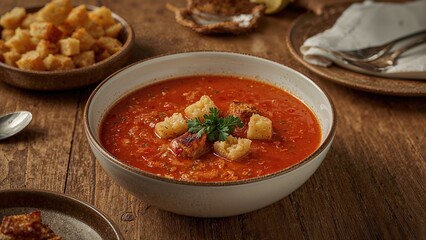 Traditional vegetable puree soup garnished with crispy bread bits and parsley