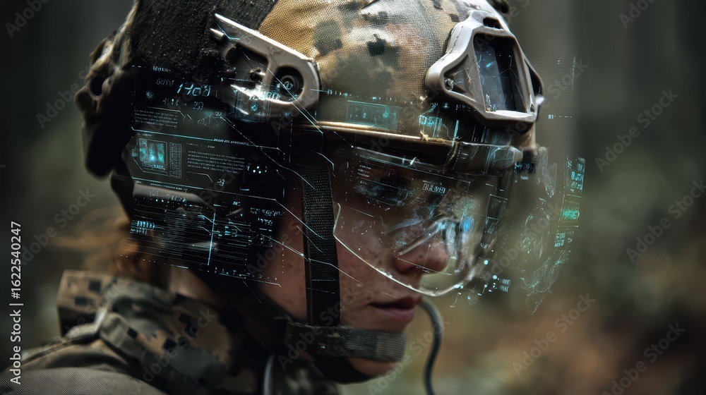Poster advanced digital interface overlay on soldier's helmet in forest