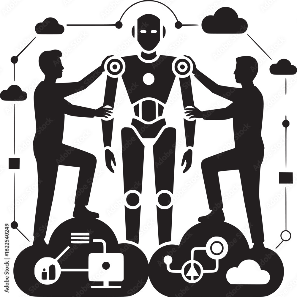 Aufkleber silhouette illustration of two men interacting with a robot connected to cloud computing network
