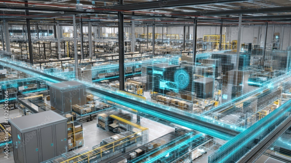Poster digital twin rendering of smart warehouse in augmented reality