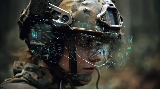 Advanced Digital Interface Overlay on Soldier's Helmet in Forest