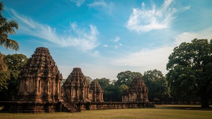 Fototapeta premium Ancient stone temple in an Asian heritage park with religious significance