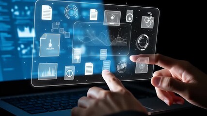 Hands interacting with a futuristic digital interface on a laptop - Powered by Adobe