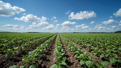 Seeding and growth phases of soybean plants in a farm setting with sunny sky
