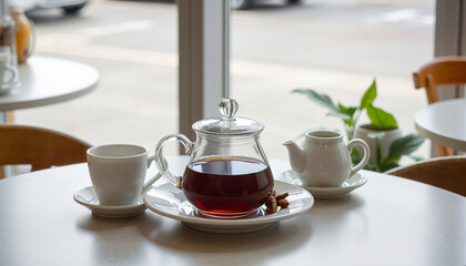 Tea pot and cups arranged on a table in a cafe setting  