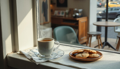 Hot coffee cup with cookies on table by window in cozy café  