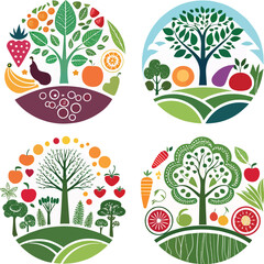 Colorful Fruit, Vegetable Tree Set Vector