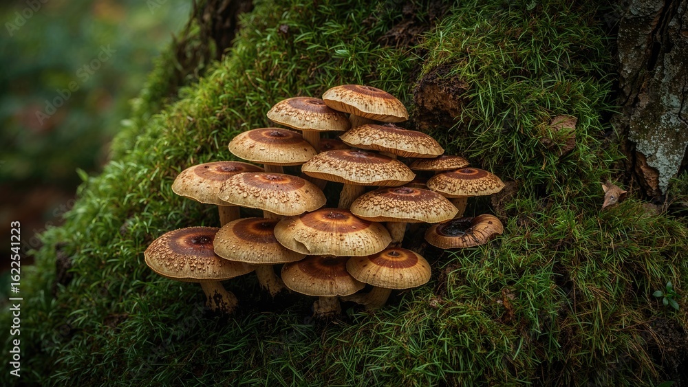 Aufkleber fungi with shelf-like structures emerging from a mossy tree trunk