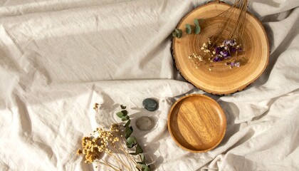 Flat lay of organic objects on a linen backdrop with subtle shadows and soft ambient light, ideal for calm aesthetic compositions.