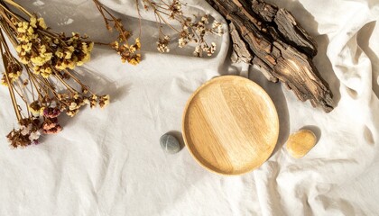 Flat lay of organic objects on a linen backdrop with subtle shadows and soft ambient light, ideal for calm aesthetic compositions.