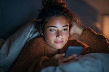 Relaxed young woman using phone in bed at night browsing social media before sleep creating a cozy mood