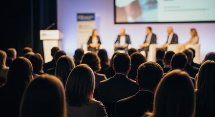 Business conference panel discussion with diverse professionals in formal attire