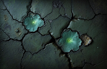 Cracked green soil with vibrant flowers emerging in dark setting  