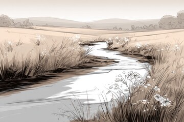 A sketch of a tranquil stream meandering through a field.