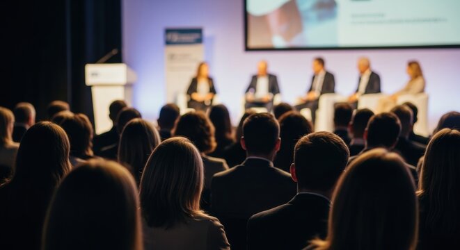Business conference panel discussion with diverse professionals in formal attire