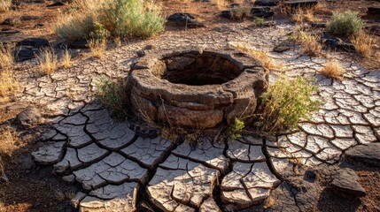 Dry Cracked Earth Surrounding an Abandoned Well in Arid Landscape