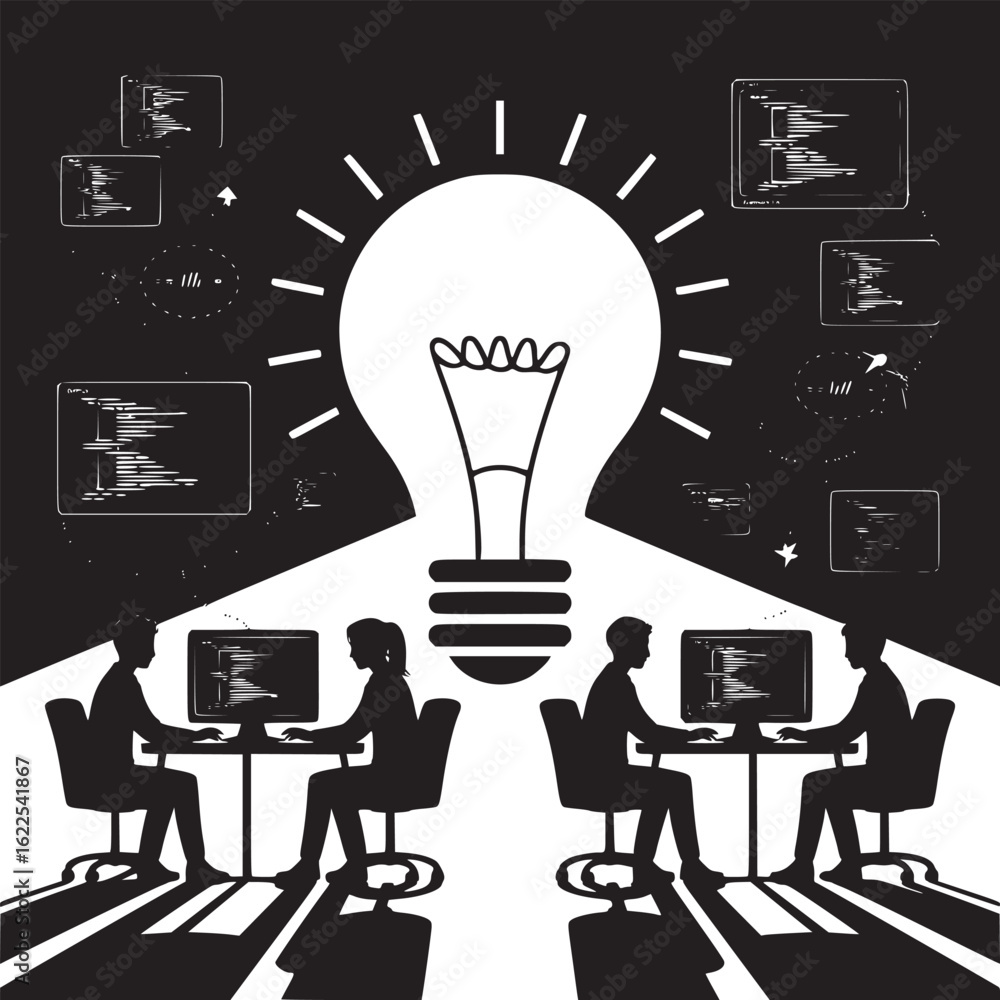 Aufkleber black and white illustration of people coding with a lightbulb representing an idea above them