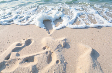 Heart shape in wet sand by the ocean waves on sunny beach  