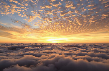Sunset over fluffy clouds with colorful sky and horizon view  