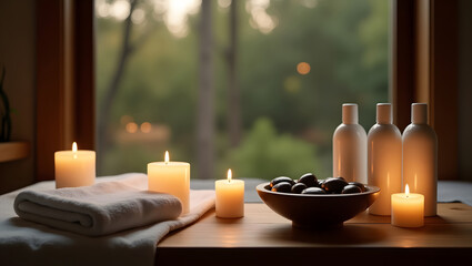  A serene spa setting featuring lit candles, massage stones, towels, and bottles, creating a tranquil and relaxing atmosphere.