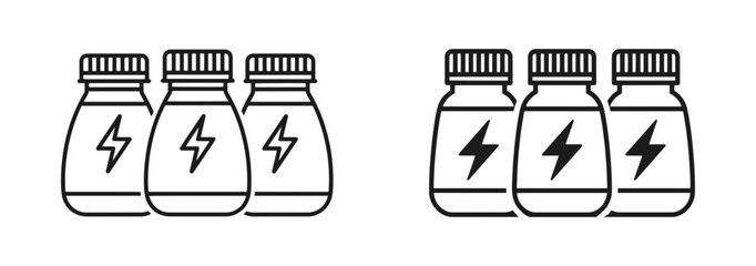 Vector art of set of six energy drink bottles with lightning bolt symbols on isolated background