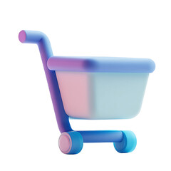 A small, plastic toy shopping cart or market trolley, isolated on a white background, is shown as an empty bucket, ready to buy and shop