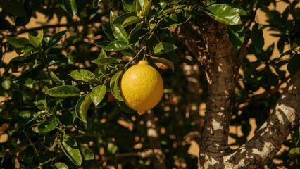 Bright lemon hanging from leafy branch