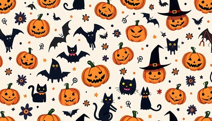 Fototapeta premium Halloween Pattern with Pumpkins, Bats, and Cats Cartoon Style