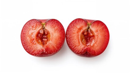 Sliced red plums set apart on a clean white surface