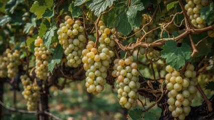 Fototapeta premium Vine laden with ripe Chardonnay grape bunches