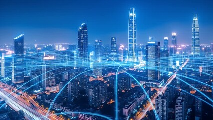 Neonlit skyscrapers and data streams illuminate a futuristic cityscape - Powered by Adobe