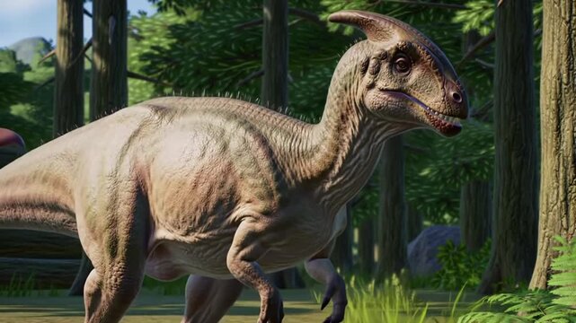Tan Parasaurolophus Flaring Nostrils with Loud Grunt Standing Tall in a Forest with Green Flora and Tall Tree Background During Daytime Under Sunny Forest Lighting