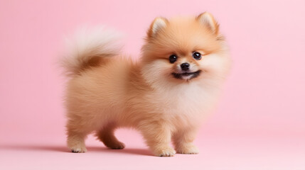 Obraz premium Fluffy Pomeranian puppy standing, small dog, cute pet, happy expression, light brown fur, pink background