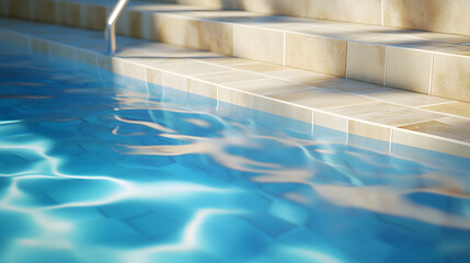 Pool steps clean tile water reflection blue outdoor sunlight relaxation inviting summer tranquil
