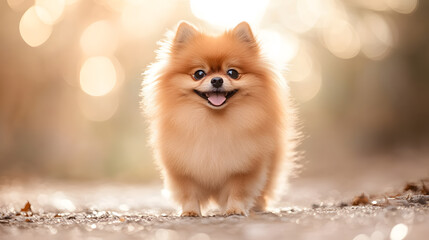Fluffy Pomeranian dog happy standing outdoors golden fur autumn sunlight dreamy cute small pet cheerful expression