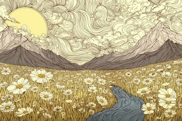 A field of daisies stretches to a mountain range beneath a swirling sky.