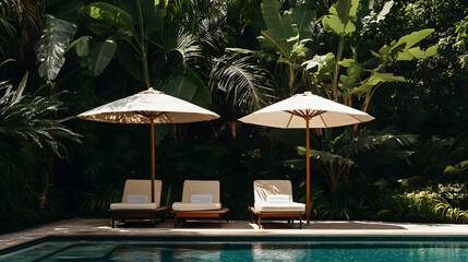 Poolside lounge chairs with white parasols and lush tropical plants create relaxing, sunny outdoor retreat by water