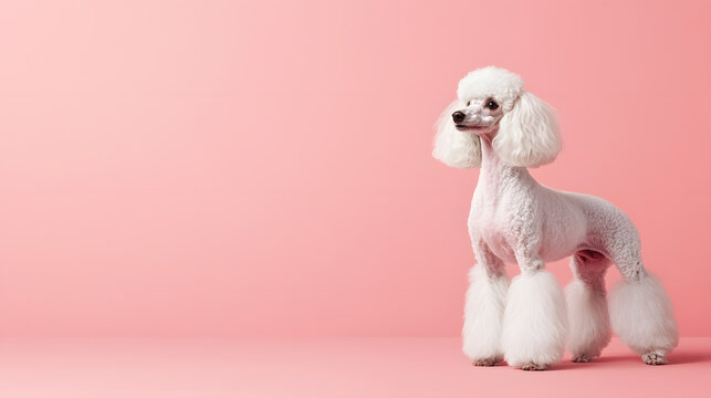 Poodle fluffy coat elegant standing pink background purebred stylish pet white fur grooming isolated cheerful canine animal portrait