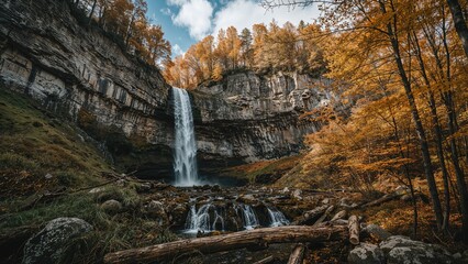 Flowing Water Over Rocks in a Beech Forest During the Fall Season