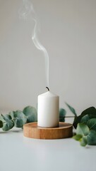 Serene White Candle with Eucalyptus Leaves on Wooden Base