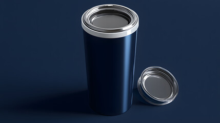 Portable insulated travel mug with secure lid, stainless steel, navy blue, modern style, reusable, eco friendly, isolated on blue background
