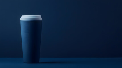 Reusable insulated travel mug with secure lid, minimalist blue design, modern style, eco friendly, isolated on blue background