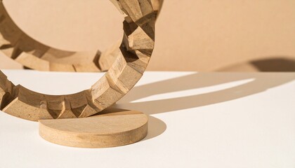 Modern abstract shape casting clean shadows on matte beige surface, strong lighting contrast for premium editorial feel