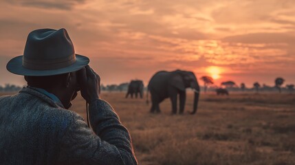 Man Observing Elephants Through Binoculars at Sunset in Savanna