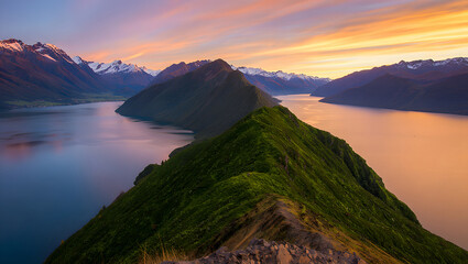 Breathtaking Sunset Over Lake Wakatipu in Queenstown New Zealand with Mountains and Lush Green Hills Landscape Beauty