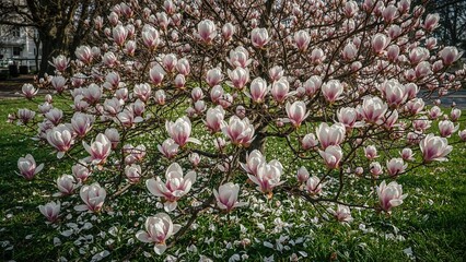 Blossoming magnolia tree showcasing soft pink flowers amidst a tranquil spring park