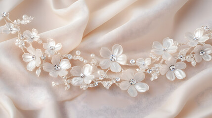 Fototapeta premium Delicate pearl flower garland with crystal accents on soft beige silk fabric, elegant and romantic wedding decoration