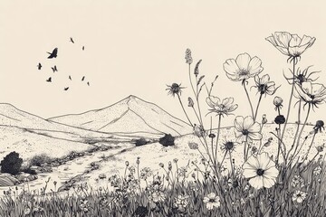 Detailed black and white illustration of a valley with flowers and birds.