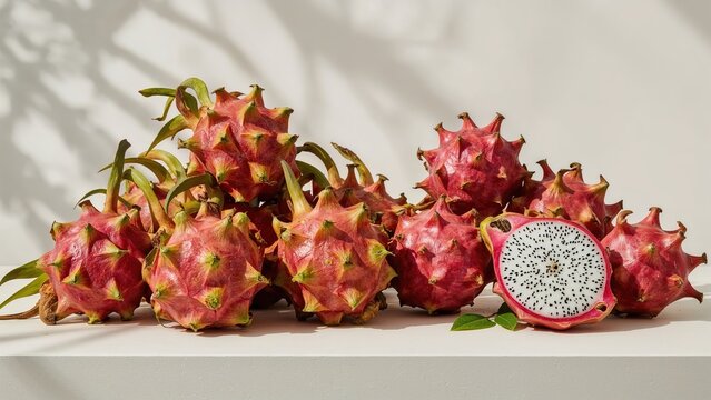 Mature pink pitayas displayed on a shelf