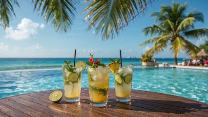 Chilled mojitos with lime and pineapple served poolside